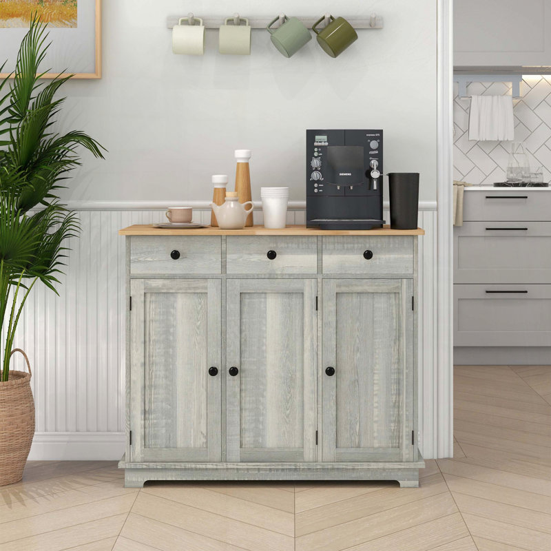 Modern Sideboard with Solid Wood Countertop, Light Gray