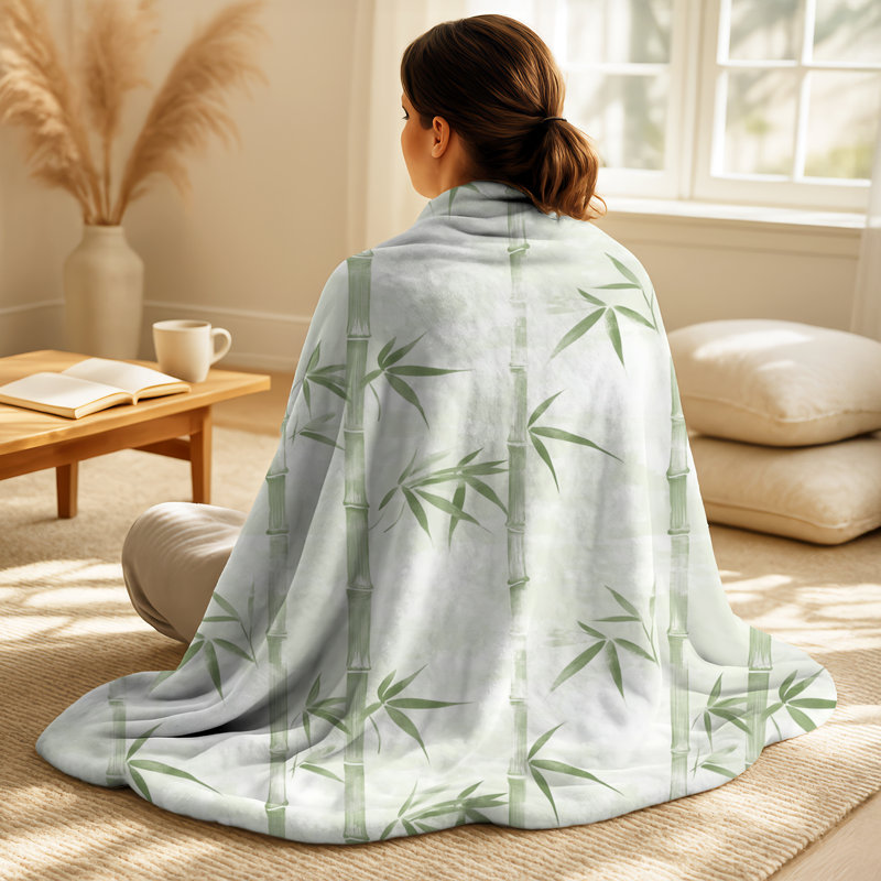 Bambou brume I - couverture douillette d'inspiration orientale verte, jeté doux bord de mer, Green Oriental 1