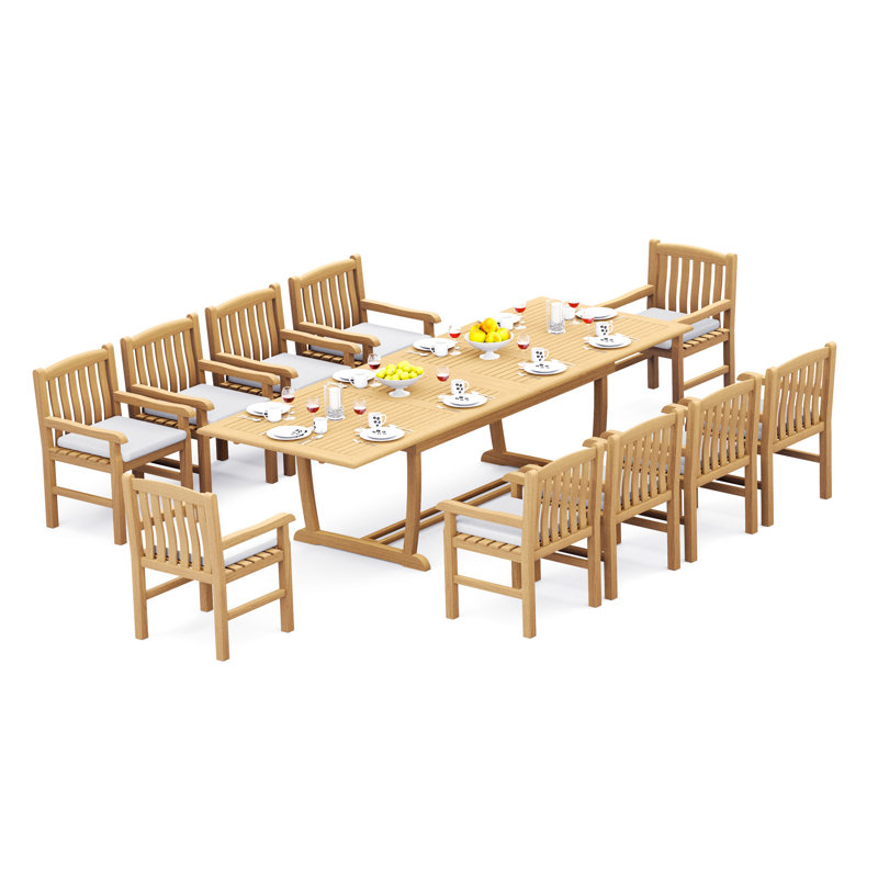 Ensemble de salle à manger en bois de teck Grade-A: table à double tréteaux à pieds avec tréteaux et 10 chaises sans accoudoirs Devon # 11DV2100