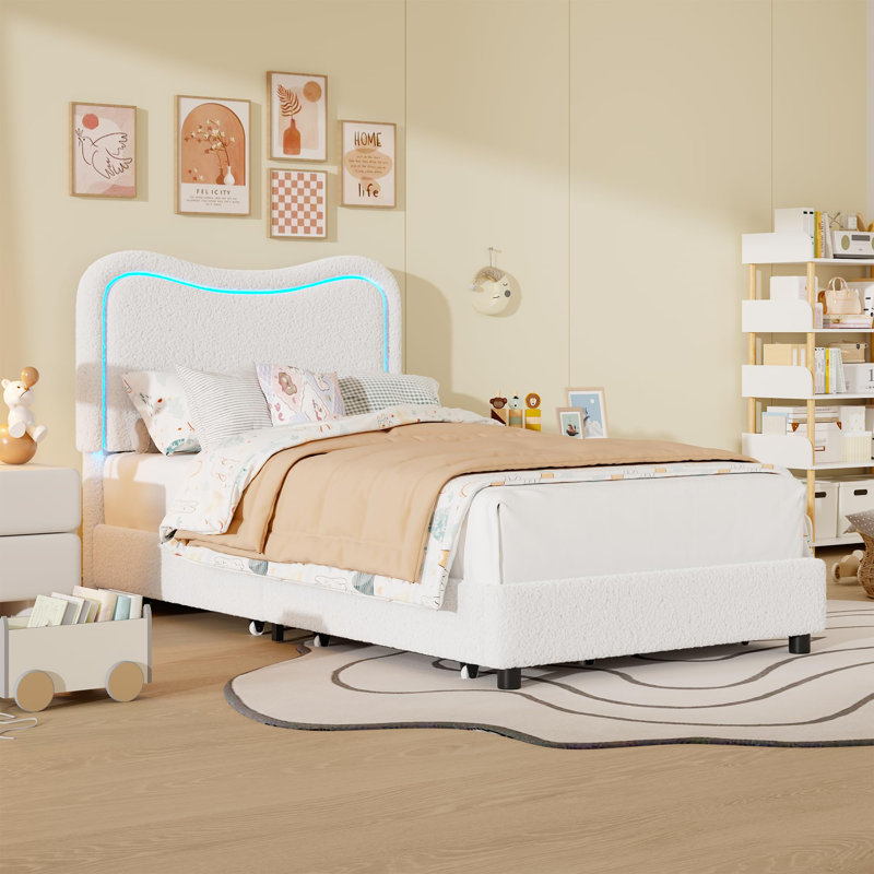 Structure de lit simple avec tête de lit à DEL Boucle - 2 tiroirs de rangement - Plateforme rembourrée avec lattes de bois robustes - Sans bruit, sans sommier tapissier, beige