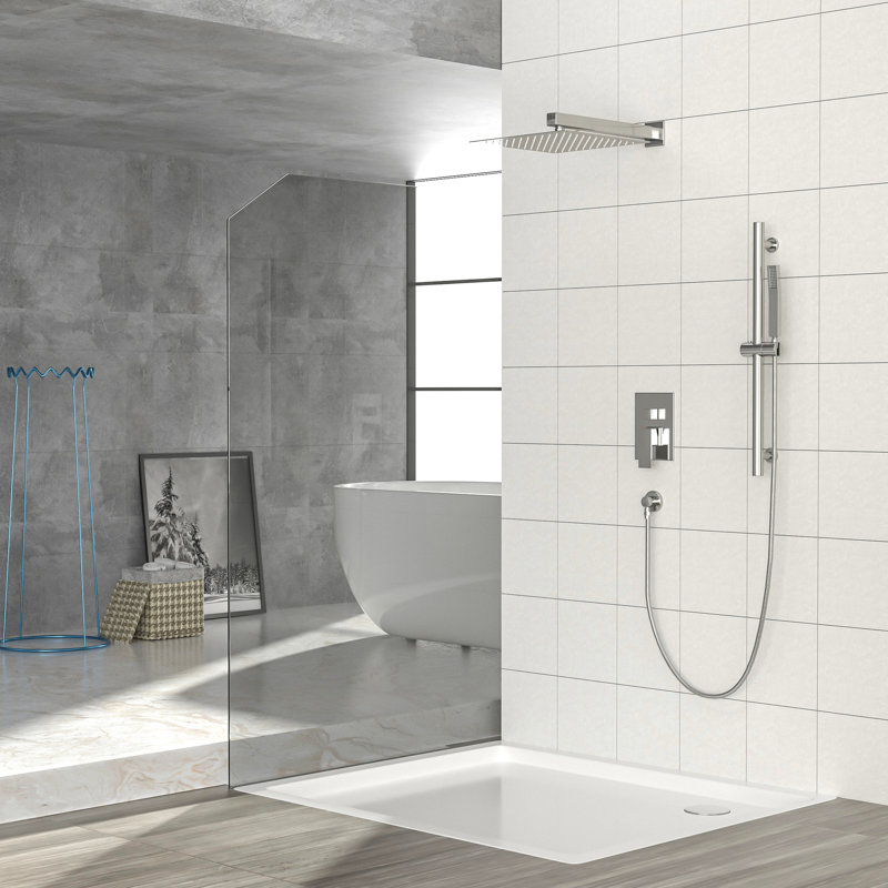 Système de douche mural carré de 10 pouces avec - valve équilibrée, barre coulissante réglable, douche à effet pluie et à main, buse facile à nettoyer, finition en nickel brossé, tête, installation à double fonction