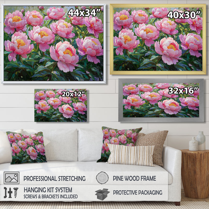 Pivoines Keeney le long des rangées de légumes - art mural pivoines pour le salon, Argent argent, H 30 po x l 40 po