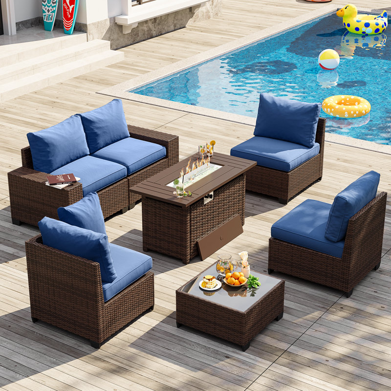 7-pieces Patio Furniture Set With 44" Propane Gas Fire Pit Table, Blue Cushion/Brown Frame
