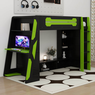 Lit mezzanine simple en bois avec bureau, tablettes multiples et lumière RVB