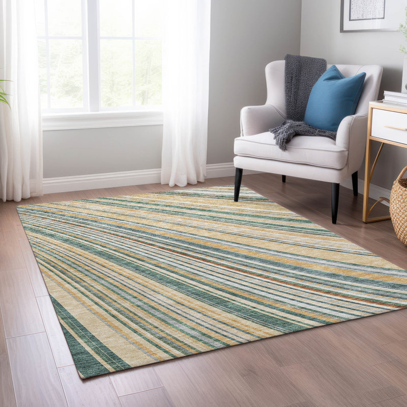 Beige and White Striped Synthetic 5' x 7' Washable Rug