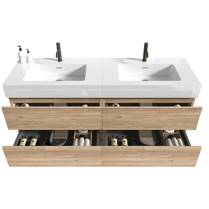Meuble-lavabo de 60 po, conception flottante, lavabo une pièce, tiroirs en chêne brut, panneau de grille noir, matériau de qualité E1, rails de tiroir silencieux double style Mid-Century unique, rails, lavabo