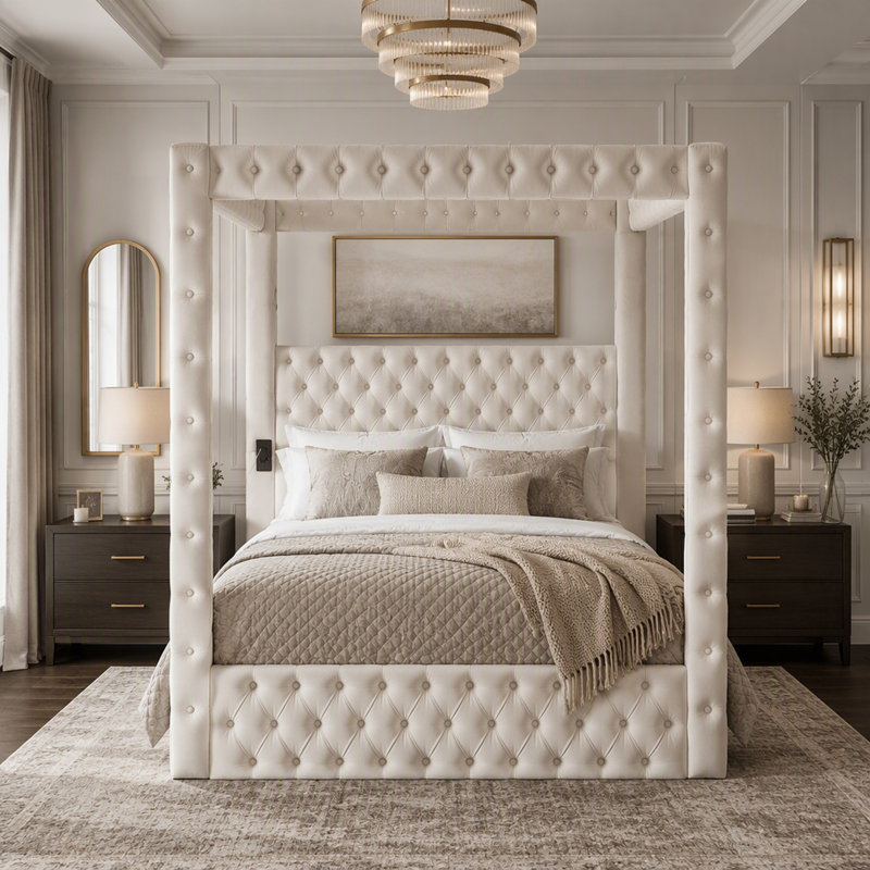 Grand lit à baldaquin en velours avec haut-parleurs Bluetooth et ports USB, Beige