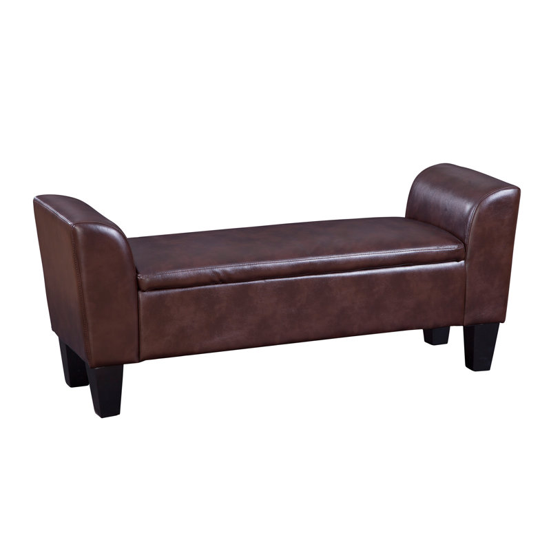 Walnut Dark Brown Faux Leather Storage Bench with Arms