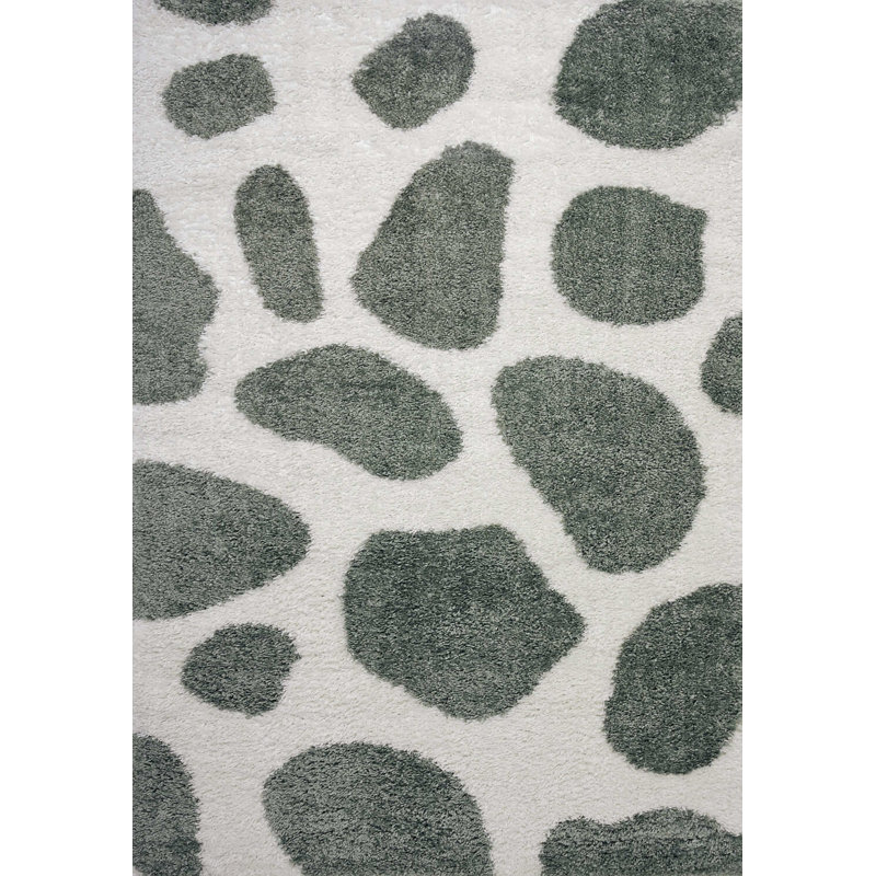 Moodi Modern Shaggy Area Rug Abstract Pebble Design, Rectangle 160 x 230 cm, Off-White/Green