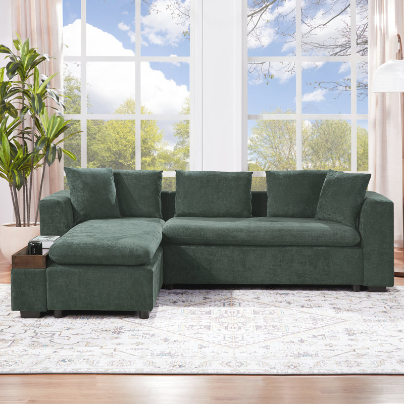 L-shaped Sectional Sofa with Storage Compartment, Green Chenille