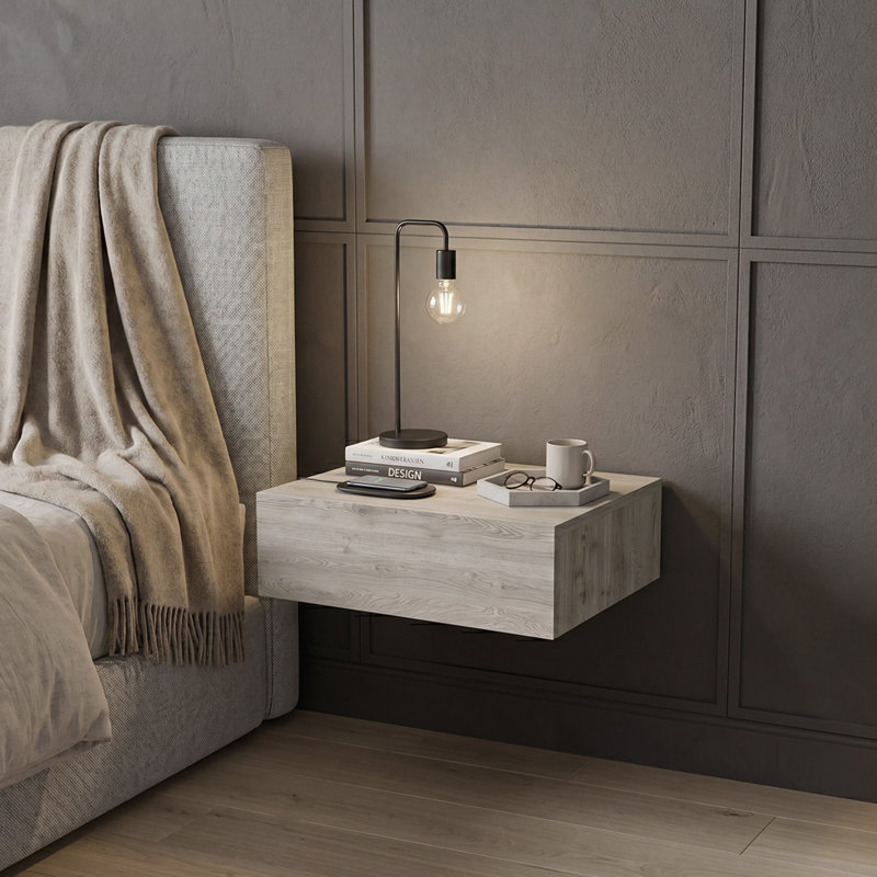 Barcelona Floating Wall-Mounted Nightstand with Drawer Storage, Modern Bedroom Bedside Table with Storage, Light Gray