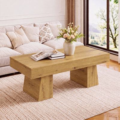 47“ Wooden Farmhouse Coffee Table, Rectangular Accent Center Tables with Thick Base, Modern Low Cocktail Tea Furniture for Living Room