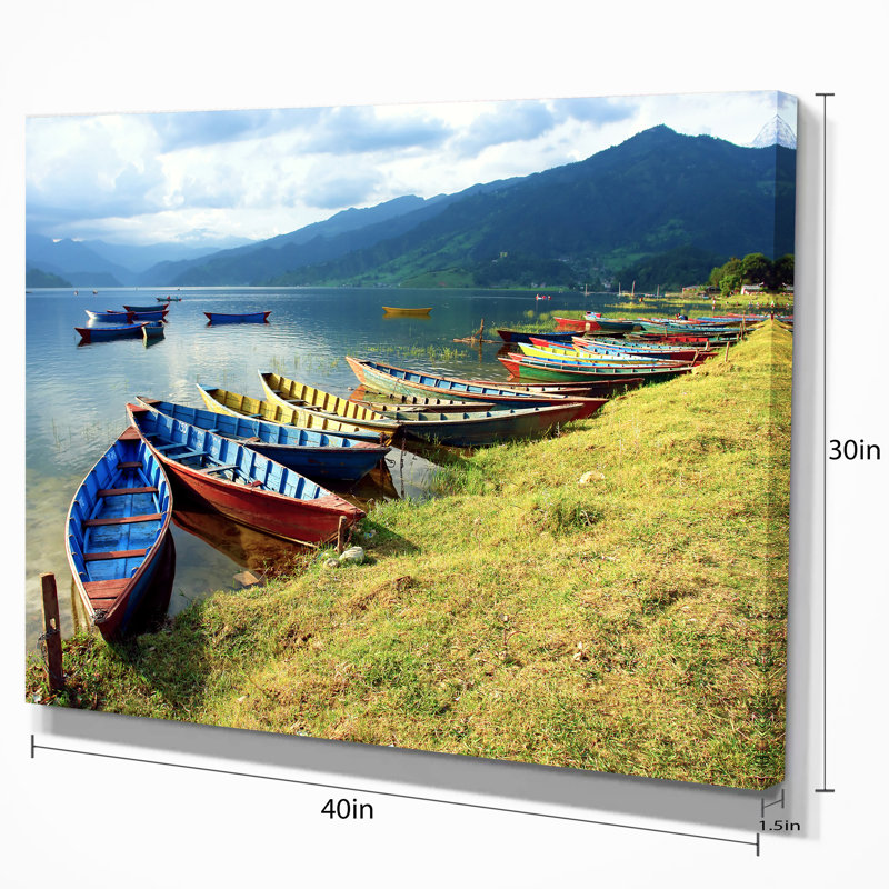 Color Boats in Phewa Lake - Boat Canvas Art Print, 30" H x 40" W x 1.5" D, Wrapped Canvas