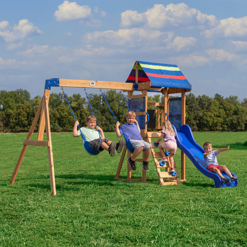 Backyard Discovery Bay Pointe Cedar Wood Swing Set with Wave Slide, Play Deck, Rock Wall Ladder, and Chalkboard