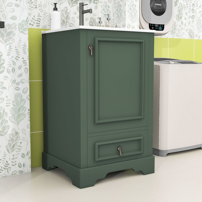 Meuble-lavabo de salle de bain avec lavabo en céramique, tablette réglable en U et tiroir à compartiments, Vert