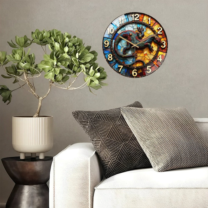 Horloge murale vitrail gecko 12 po