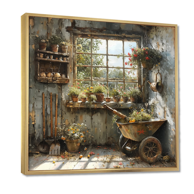 «Grey green a rustic charmante abri de jardin», reproduction sur toile, H 36 po x l 36 po, Cadre flottant doré, bois massif