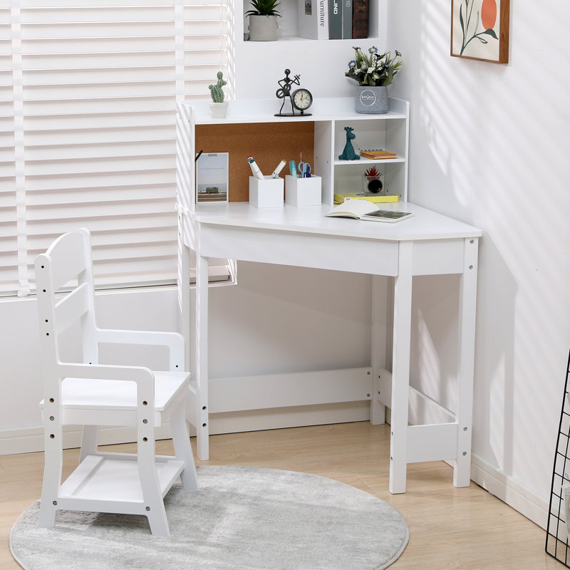 Ensemble de bureau et de chaise pour enfants, table d'étude d'angle en bois avec bibliothèque, babillard et porte-stylo, table d'écriture, blanc