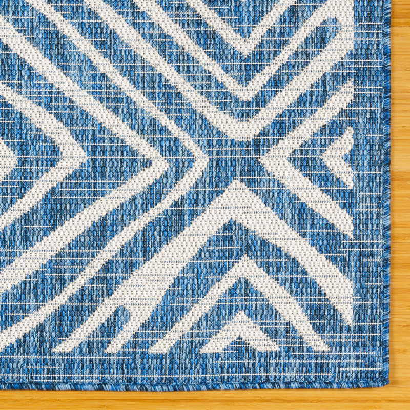 Savara Kaya Navy Blue Ivory Cream Ivory Cream Moroccan Square Tile Indoor/ Outdoor Polypropylene Flatweave Area Rug