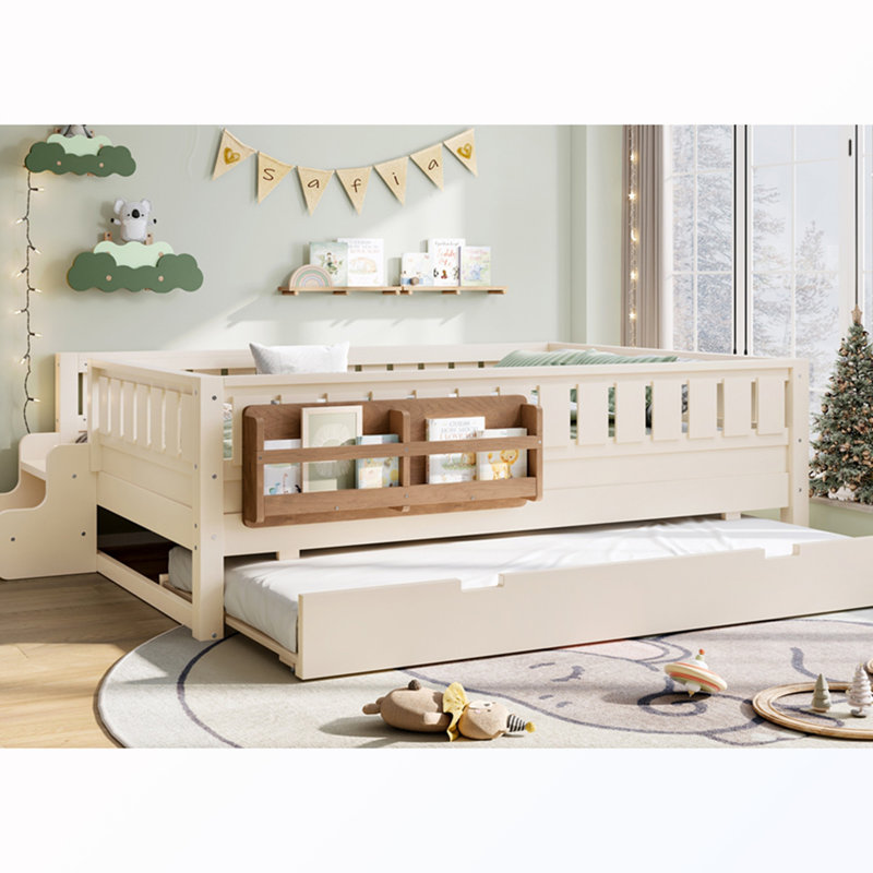 Lit double avec bibliothèque et lit gigogne, Beige, Double