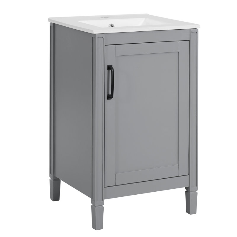 Meuble-lavabo gris de 20 po avec lavabo en céramique, fabrication en bois massif, fonction de fermeture en douceur et étagère réglable en forme de U pour les salles de bain compactes de petite taille, de couleur moderne et fonctionnelle
