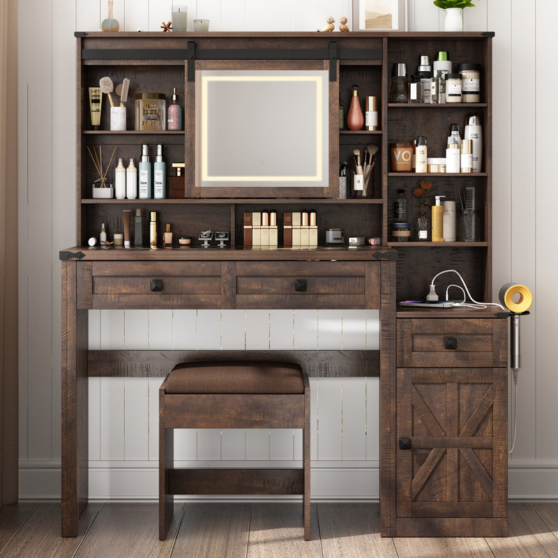 Barn Door Makeup Vanity Set with Lighted Mirror & Socket
