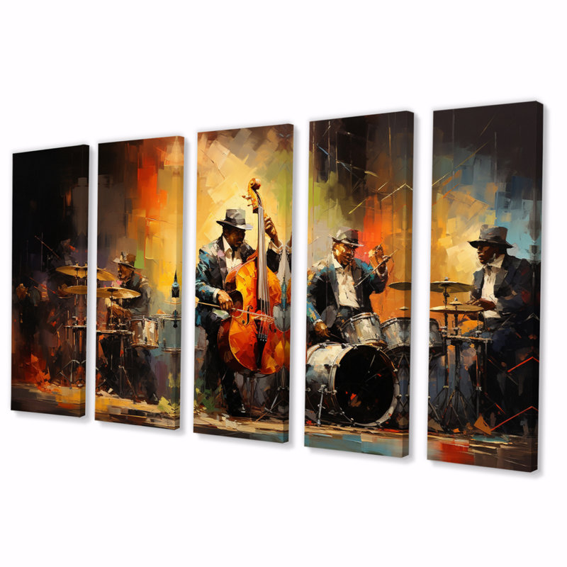 Yellow Orange Jazz Band - Art mural sur toile de divertissement - 5 panneaux égaux