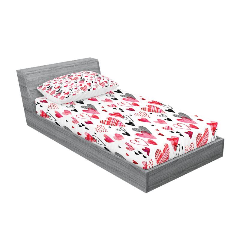 Drap-housse et coussin décoratif Ambesonne Valentines, noir, rouge, rose, Twin Fitted Sheet Set + 2 Pillow Cases