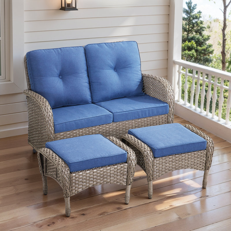 Causeuse de terrasse extérieure en osier de 50 po de large avec repose-pieds, Bleu, Gris