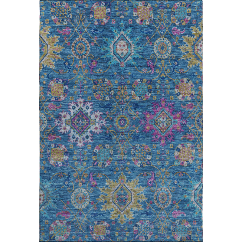 Premium Machine Washable Mayfield AMF2151 medallions Rug, Blue, Rectangle 5' x 7'6"