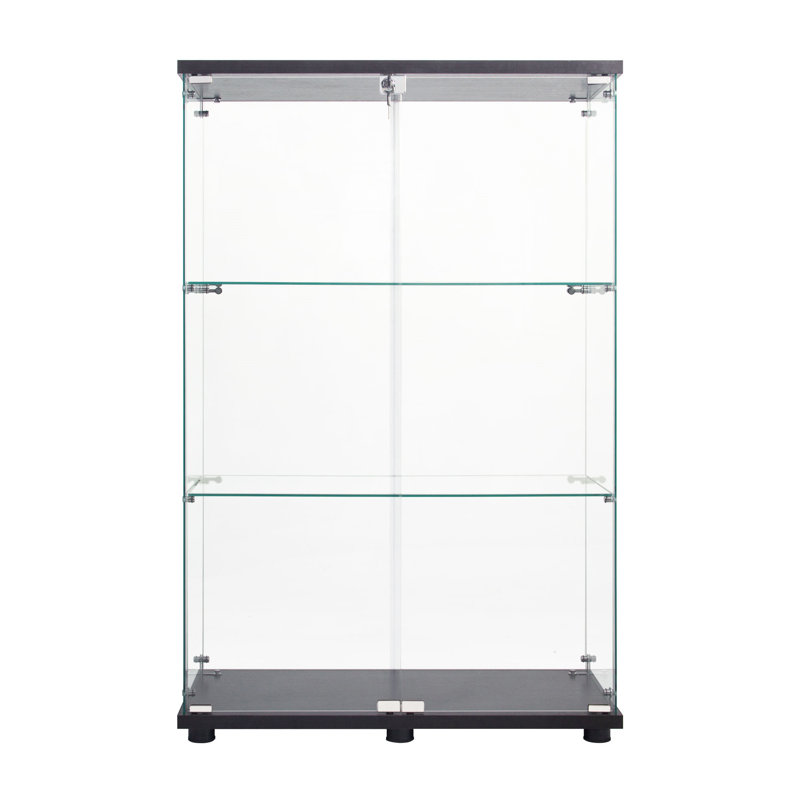 Two Door Glass Cabinet Glass Display Cabinet With 3 Shelves, Black
