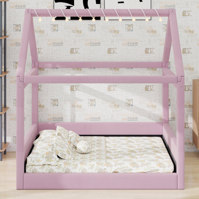 Corduroy-Covered House-Inspired Bed With Wood Slat Support And Built-In LED Lights