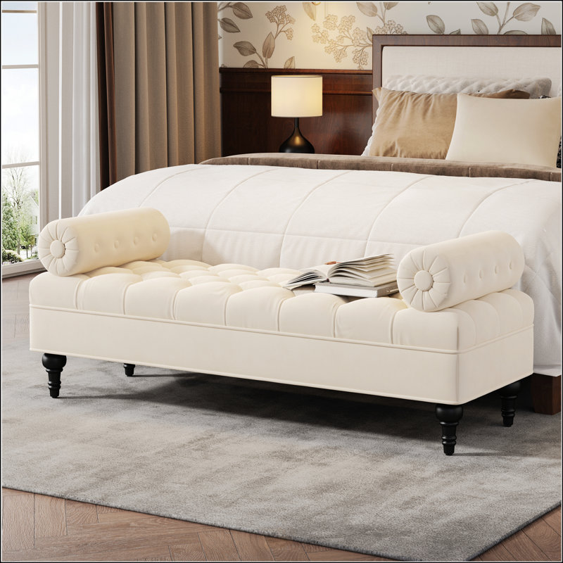 Banc rembourré moderne en velours avec 2 coussins amovibles, repose-pieds confortable pour le salon et le vestibule, Beige