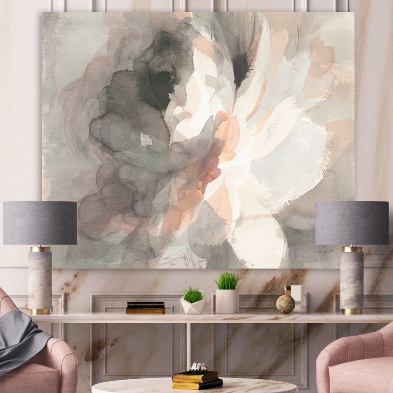 Peinture florale abstraite sur toile gris pivoine, H 12 po x l 20 po x p 1 po