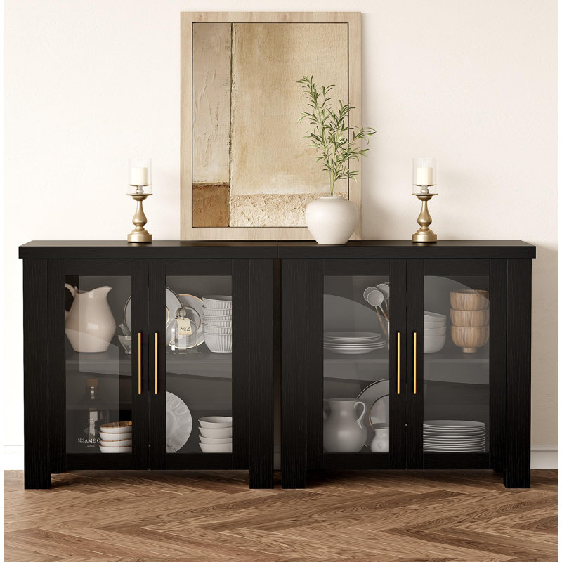Buffet avec rangement, crédence de buffet de 33,1 po avec portes en verre trempé, table de buffet en bois pour le salon, la salle à manger, la cuisine, noir