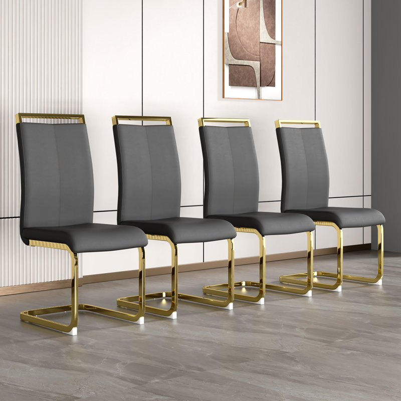 Yoanna PU Leather Upholstered Dining Chair, Dark Gray, Gold