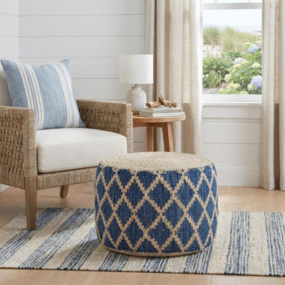 Pouf rond géométrique de 45 cm (18 pouces) en jute et coton bleu et naturel, style ottoman.