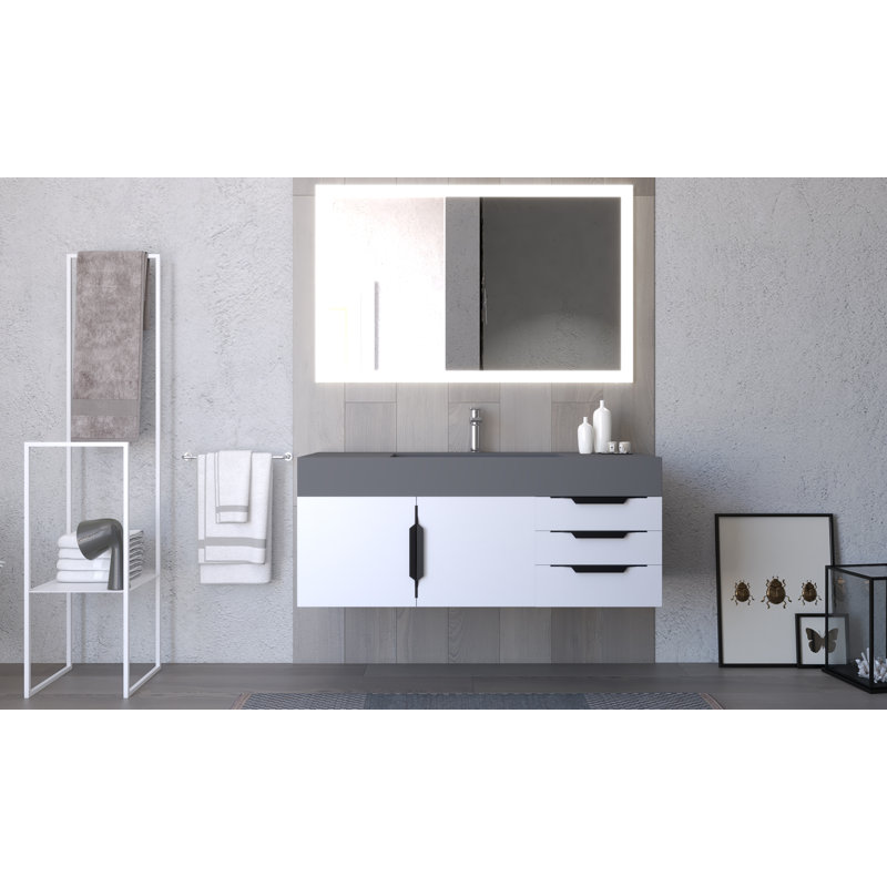 Meuble-lavabo mural simple 48 po avec comptoir à surface solide 48 po, gris, Blanc, Nickel brossé