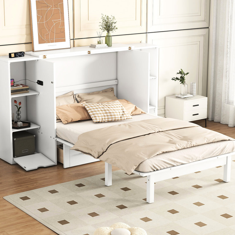Queen Size Bed With Stylish Shelves, Drawers And Space Saving Shelf Combinations, &