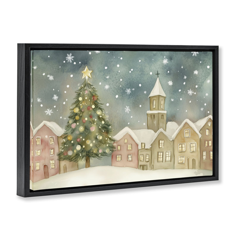 Cadre flottant Christmas Village Snowfall, design par LSR Design Studio, H 21 po x l 31 po, Cadre flottant noir de jais