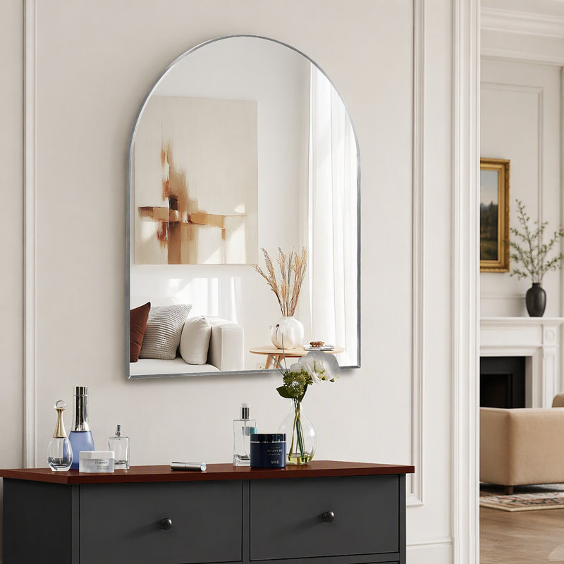Miroir mural arqué de 76 x 102 cm (30 x 40 pouces), miroir en verre HD sans distorsion avec cadre en alliage d'aluminium antirouille, miroir décoratif arqué moderne incassable pour salle de bain, chambre et salon
