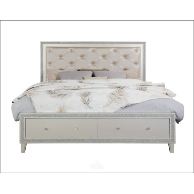 Synthetic Leather And Champagne Finish Ck Bed With LED And Storages