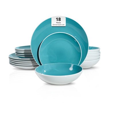 HomeVSS Coupe Shape 18-Piece Stoneware Dinnerware Set, Outside White & Inside Shiny Glaze, Service for 6