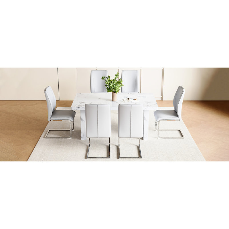 Table et chaises de salle à manger en blanc - Chaise de luxe en marbre à motif combiné, Gris clair / blanc / argent, 6