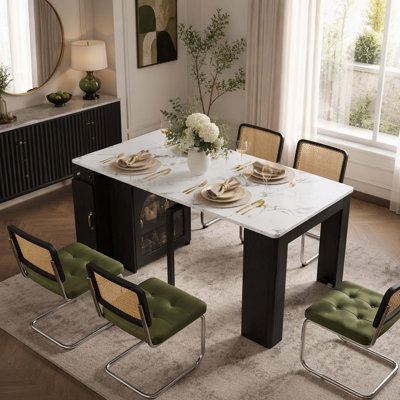 Extendable Dining Table with 3 Removable Middle Leaves, Mobile Rolling Island Table with Power Outlet, Saving-space Cabinet with Storage for Dining Room and Living Room (BLACK AND MARBLE WHITE)