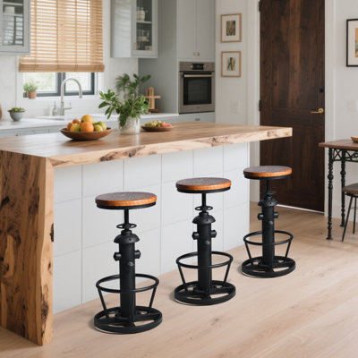 Set Of 3 Antique Industrial Round Bottom Adjustable Height Cafe Coffee Retro Vintage Stylish Water Pipe Design Pub Kitchen Bar Stool