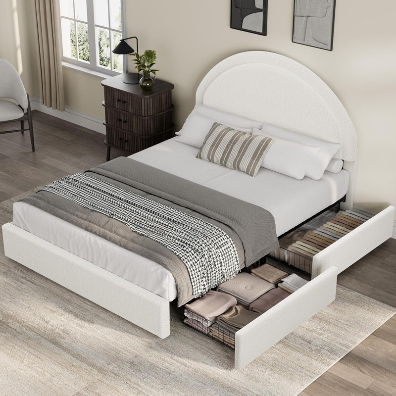Bed Frame with Storage Drawers, Upholstered Boucle Platform Bed with Round Headboard, Heavy Duty & Noise Free, No Box Spring Needed