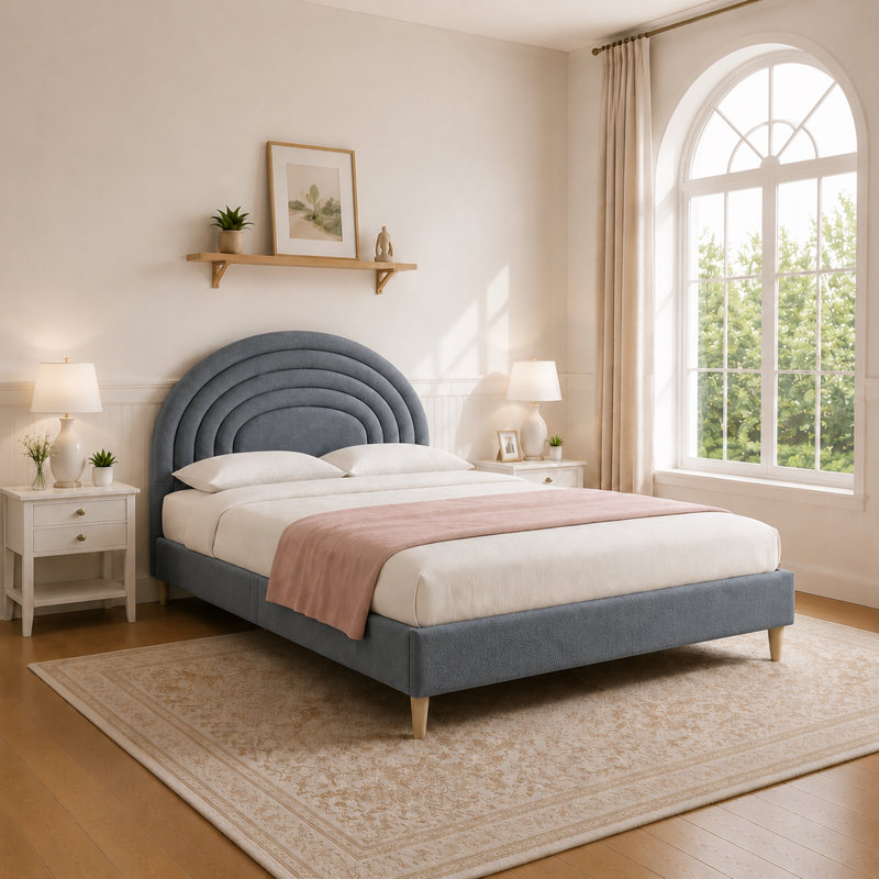 Halis Upholstered Scalloped Bed, Full, Gray Teddy