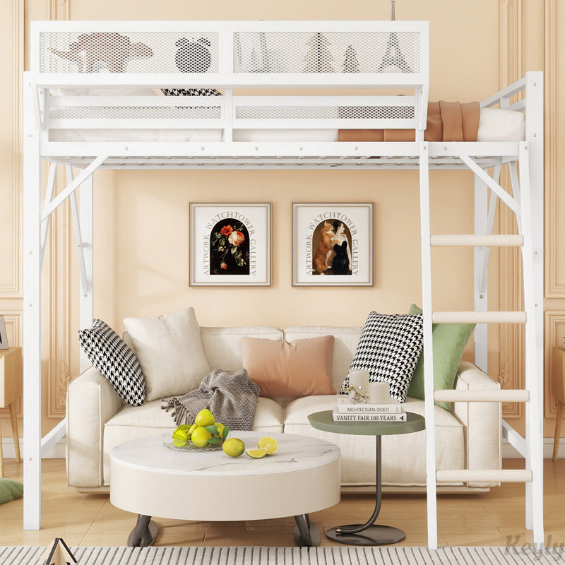 Lit mezzanine en métal avec échelle et tablettes de rangement, Blanc, Grand