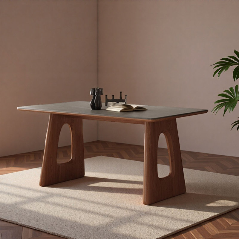 Modern Solid Wood & Slate Rectangular Dining Table, 29.5"H x 70.9"L x 35.4"W